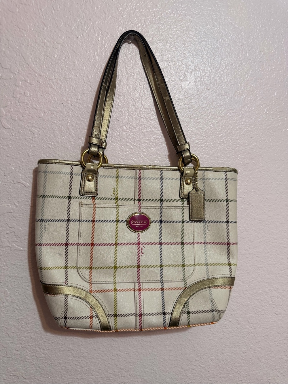 Vintage Coach Plaid Shoulder Tote in Cream with Gold Handles and Pink Logo